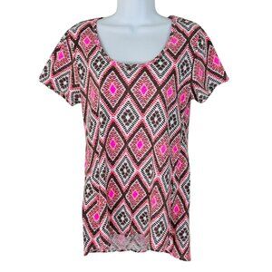 Fresh Produce Women's Size M Diamond Print Asymmetrical Hem Pink Brown Knit Top